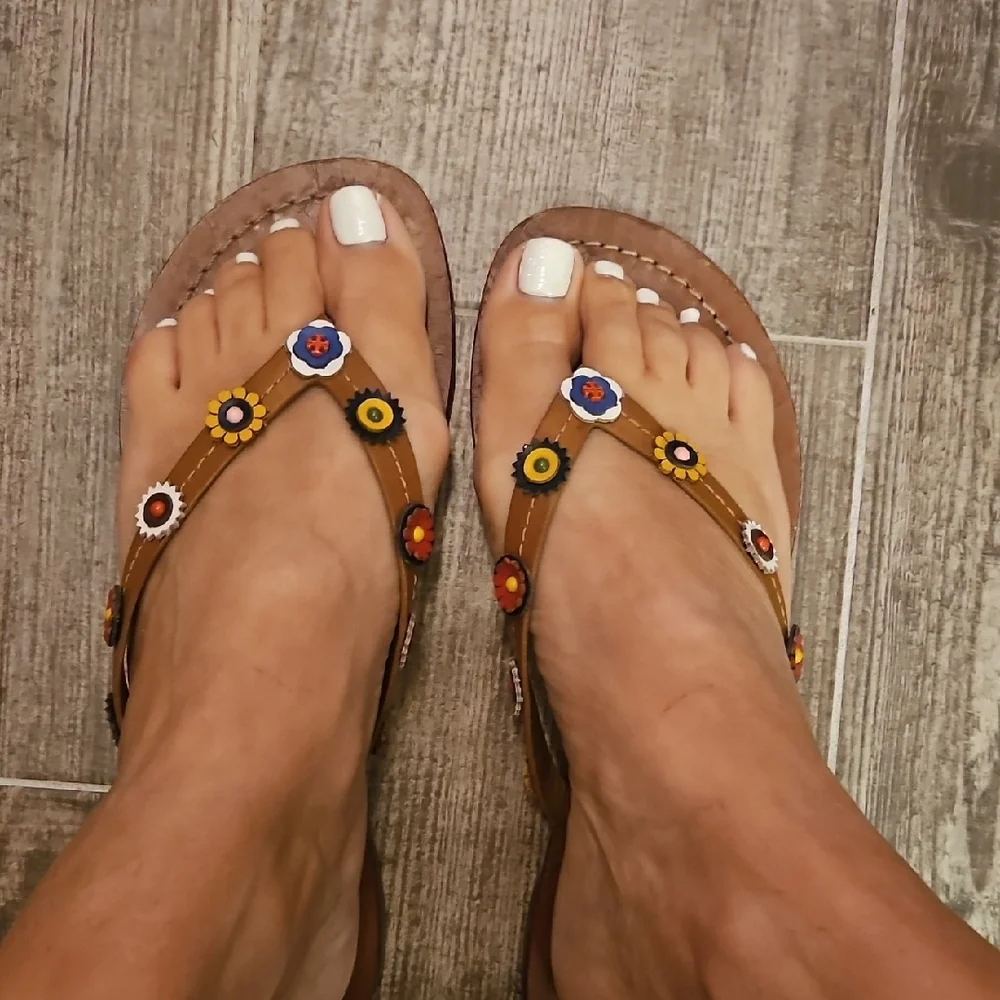 Tory Burch Brown and Red Sandals with Metallic Embellishments - Picture 3 of 4